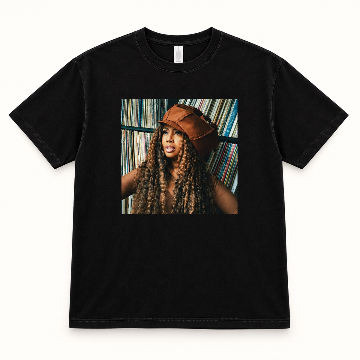 Mockup of a black Lalah Hathaway T-shirt with her portrait printed on the front.