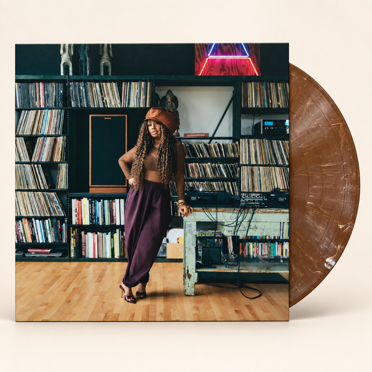 Made in Chicago vinyl mockup with Lalah’s photograph covering the sleeve and a brown record with white smoke marbling peeking out, its label concealed.